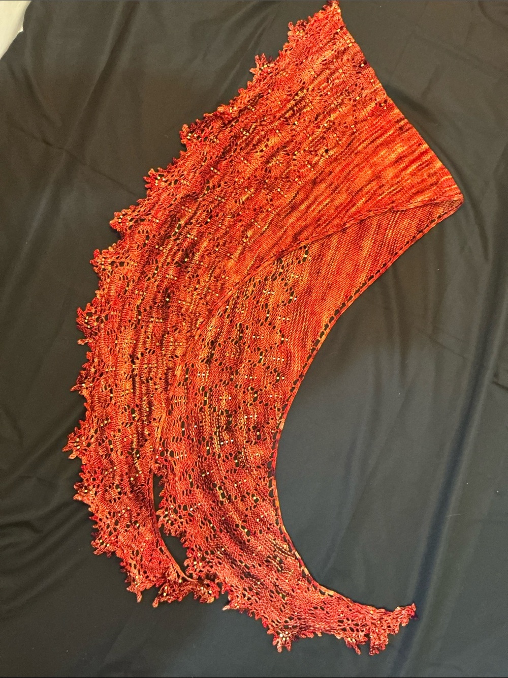 Red-Orange Fringe Knit Scarf with Gold Bead Embellishments